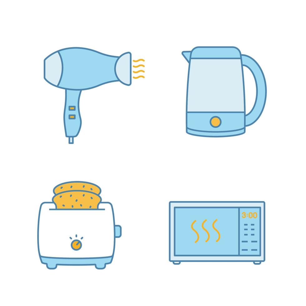 conjunto de ícones de cores de eletrodomésticos. secador de cabelo, chaleira elétrica, torradeira, forno de microondas. ilustrações vetoriais isoladas vetor