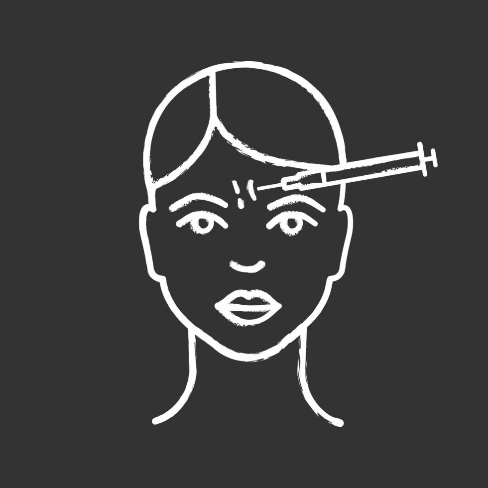ícone de giz de injeção de neurotoxina na testa. injeção anti-rugas de linhas de expressão. procedimento cosmético. redução de rugas. rejuvenescimento facial. ilustração vetorial isolado quadro-negro vetor