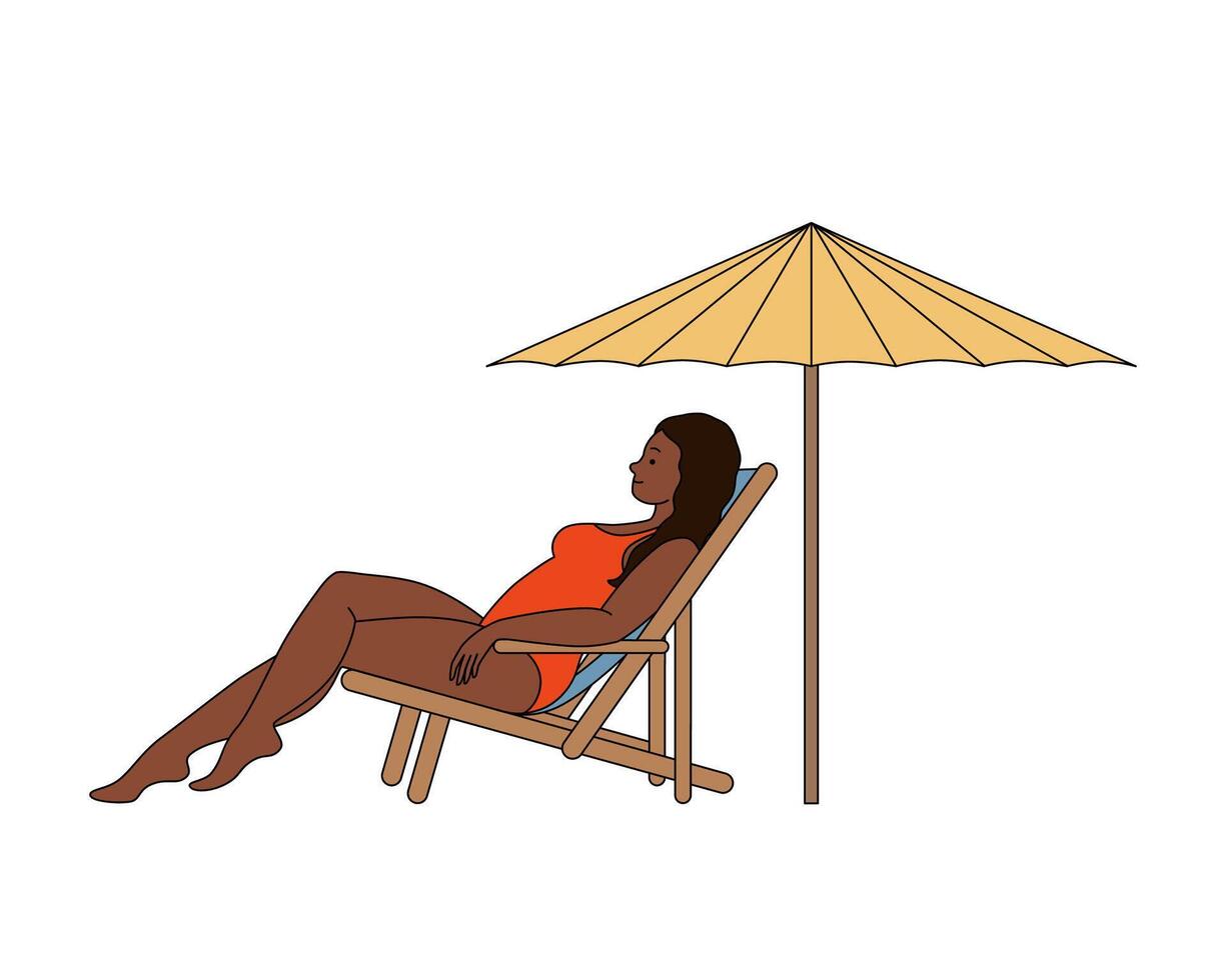 menina dentro uma Sol espreguiçadeira isolado em uma branco fundo. fêmea personagem dentro uma roupa de banho. ilustração. de praia guarda-chuva. tomar sol vetor