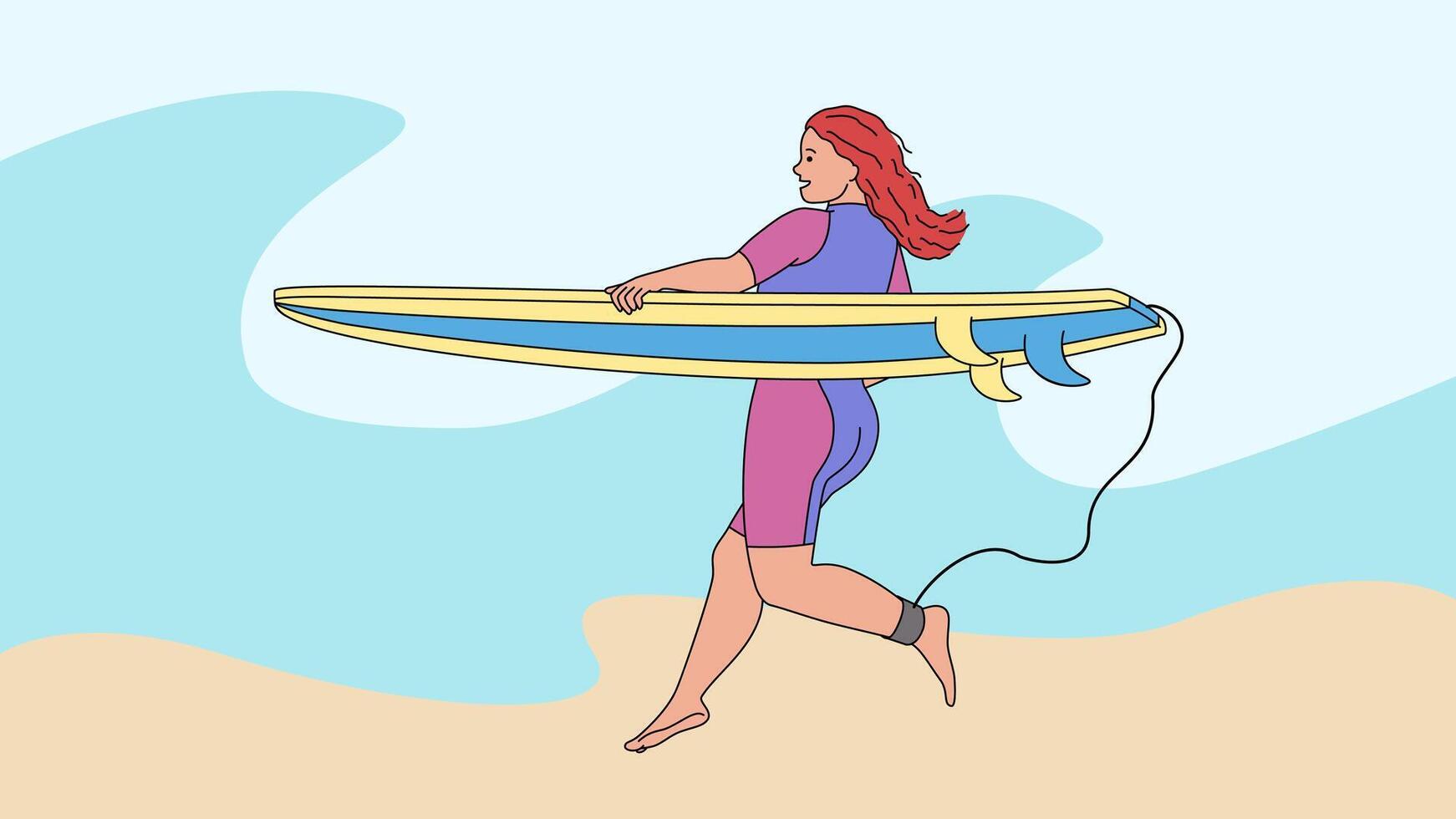 uma surfista menina corre para dentro a água com uma borda. água Esportes. surf. aceno. mar oceano vetor