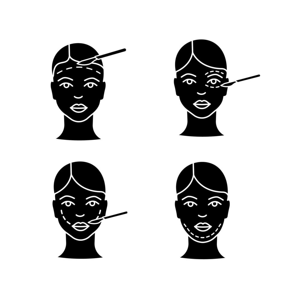 Conjunto de ícones de glifo de cirurgia plástica. cirurgia de lifting, blefaroplastia, remoção de queixo duplo, cirurgia de lifting de bochecha. símbolos de silhueta. ilustração isolada do vetor