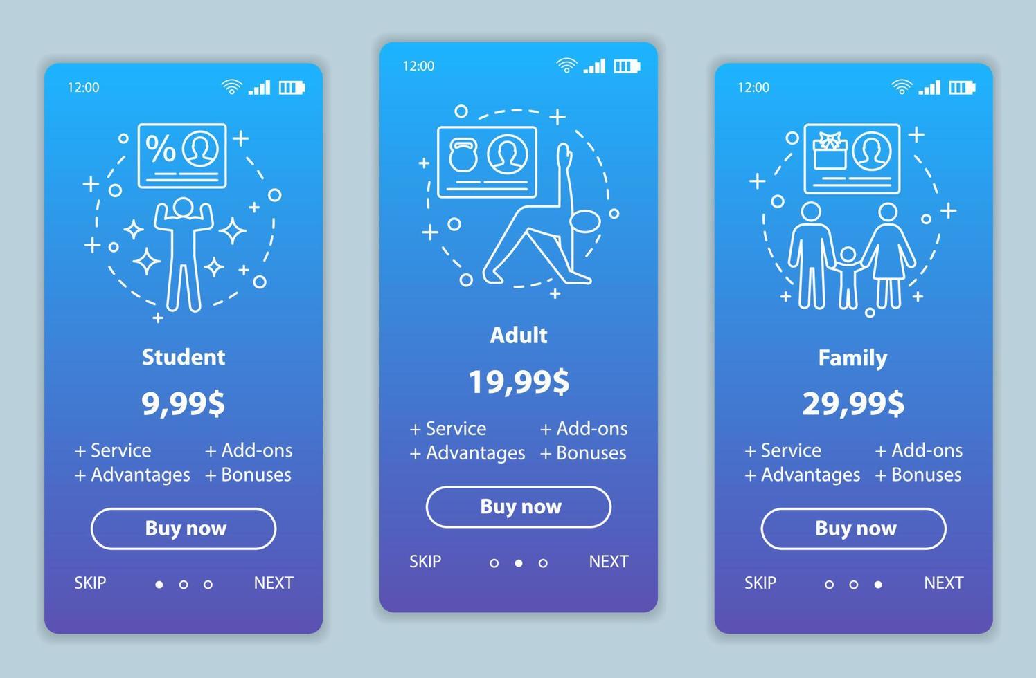 preços de assinatura integrando modelos de vetor de telas de aplicativos móveis. planos tarifários para estudantes, famílias e adultos. interface de páginas do site passo a passo. custo de inscrição na academia. layout de página da web de pagamento de smartphone