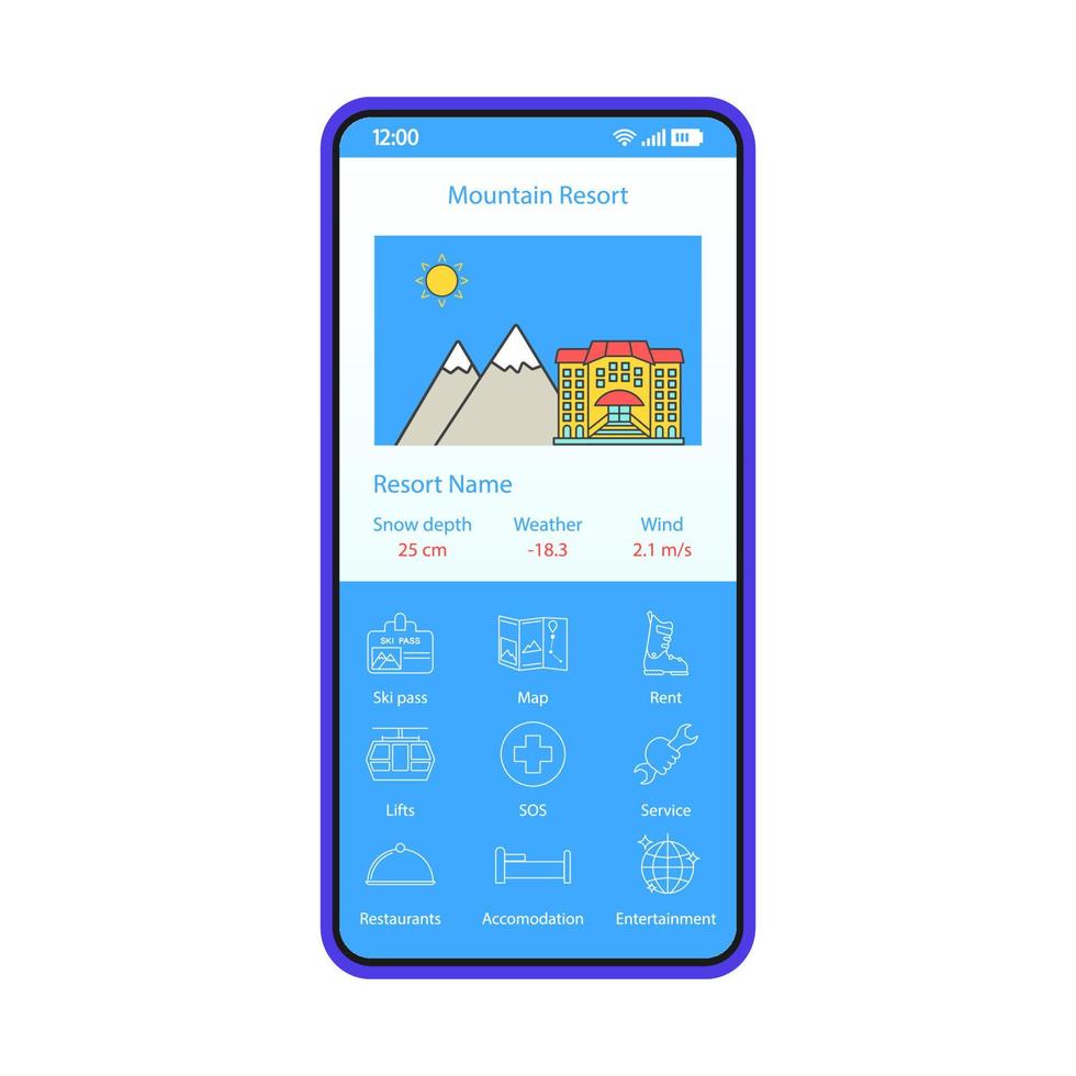 modelo de vetor de interface de smartphone de aplicativo de reserva de resort de montanha. layout de design azul do aplicativo móvel. pesquisa de hotéis de esqui, encomenda ui plana. tela da página de reserva de acomodação de inverno. display do telefone