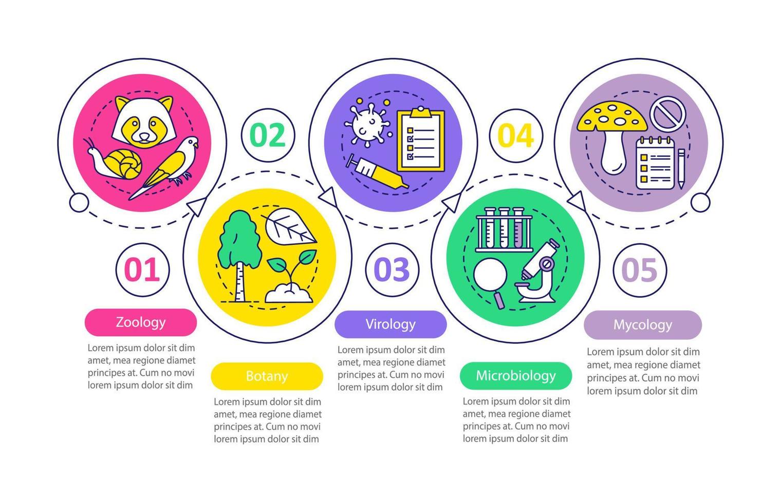 divisões de biologia vetor modelo infográfico. zoologia, botânica, virologia, microbiologia, micologia. apresentação de negócios. etapas e opções de visualização de dados. gráfico de linha do tempo do processo. layout de fluxo de trabalho