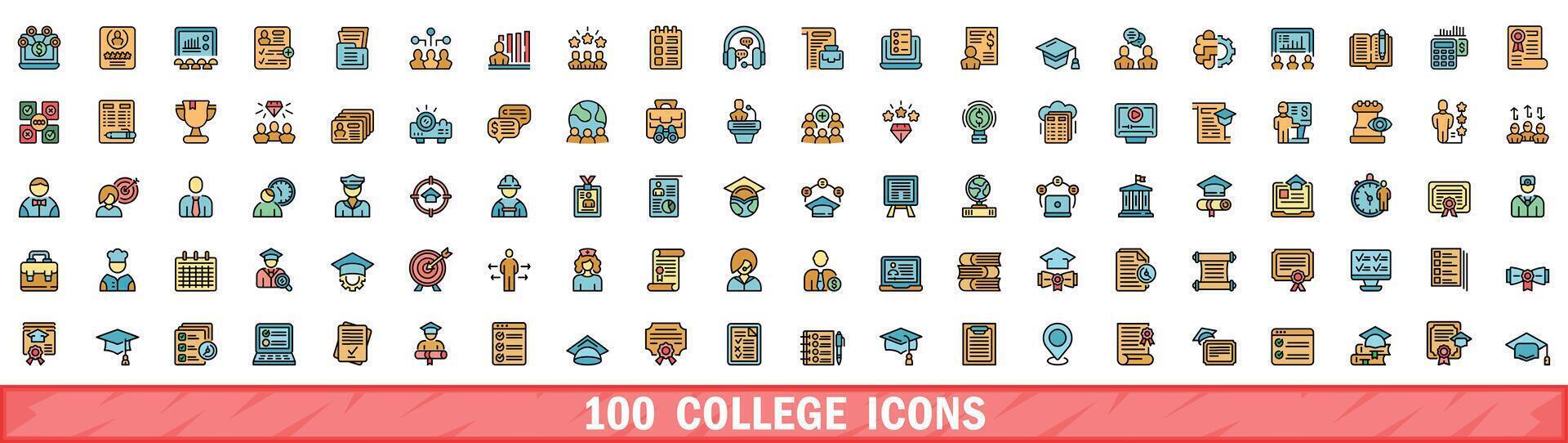 100 Faculdade ícones definir, cor linha estilo vetor