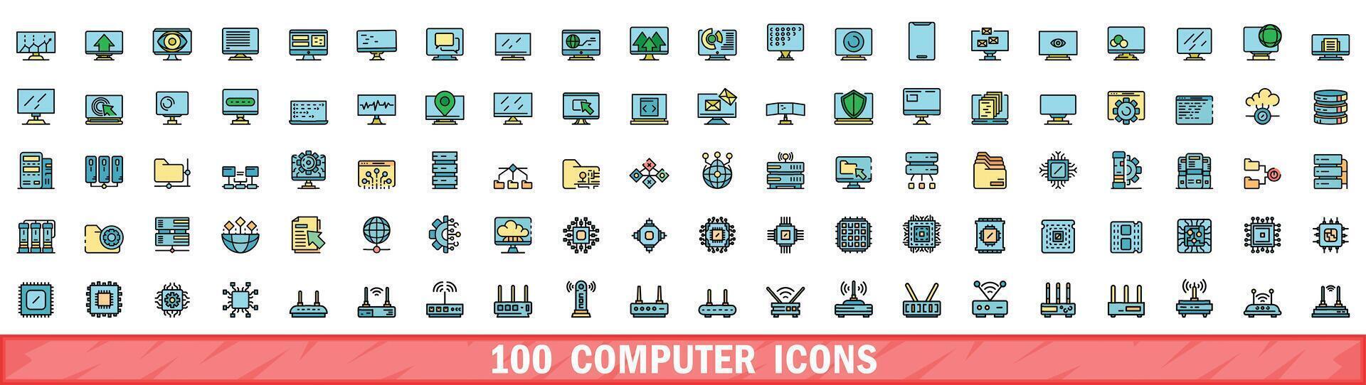 100 computador ícones definir, cor linha estilo vetor