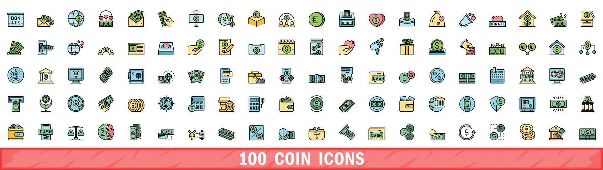 100 moeda ícones definir, cor linha estilo vetor