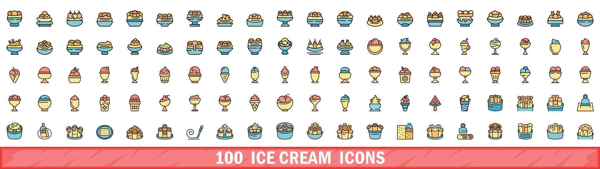 100 gelo creme ícones definir, cor linha estilo vetor