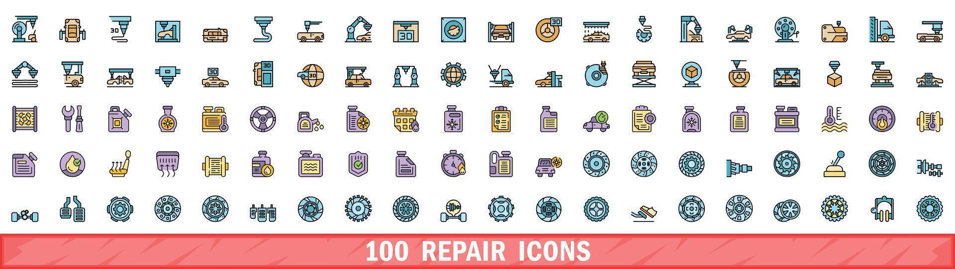 100 reparar ícones definir, cor linha estilo vetor