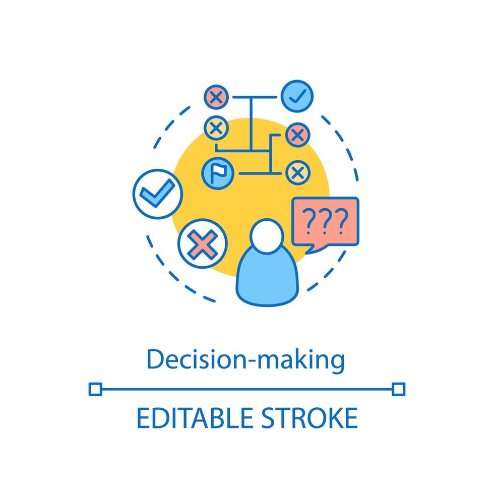 ícone do conceito de tomada de decisão. confusão. pensamento estratégico. pesquisa de resposta. determinação. ilustração de linha fina de ideia de solução de problemas. desenho de contorno isolado do vetor. curso editável vetor