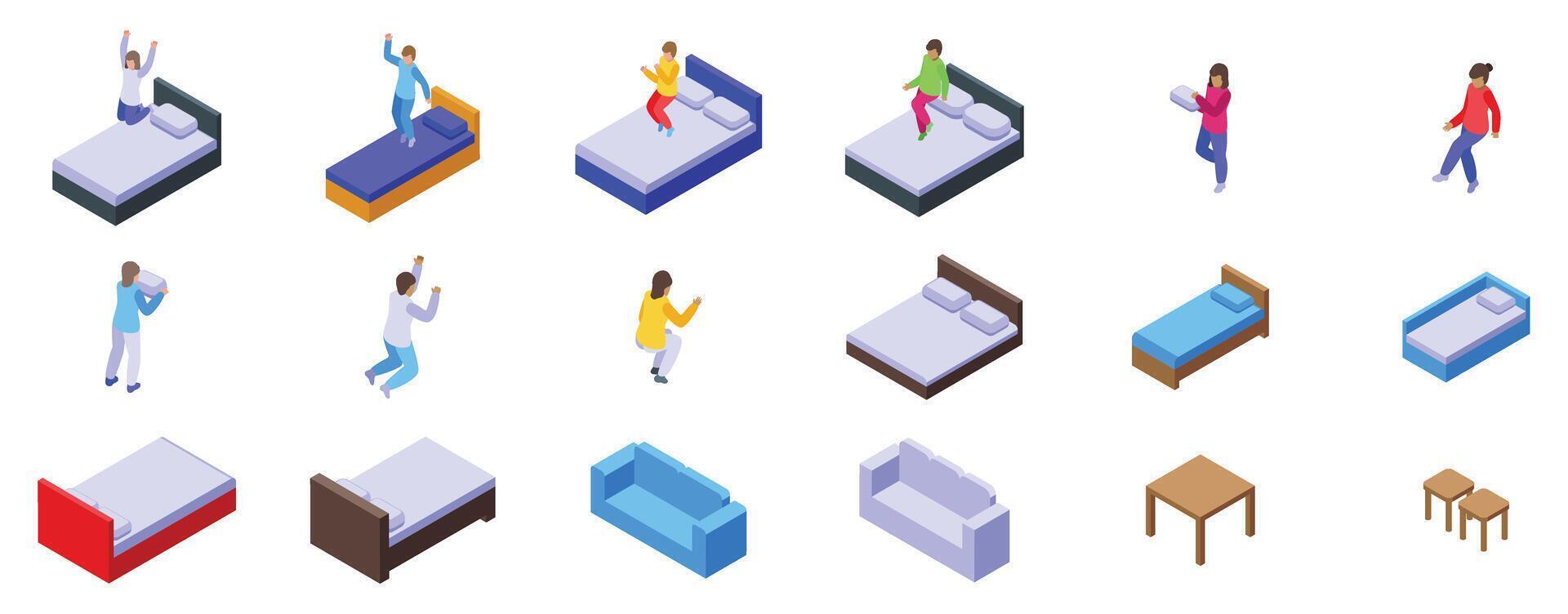 crianças pulando cama ícones conjunto isométrico . jogar atividade vetor