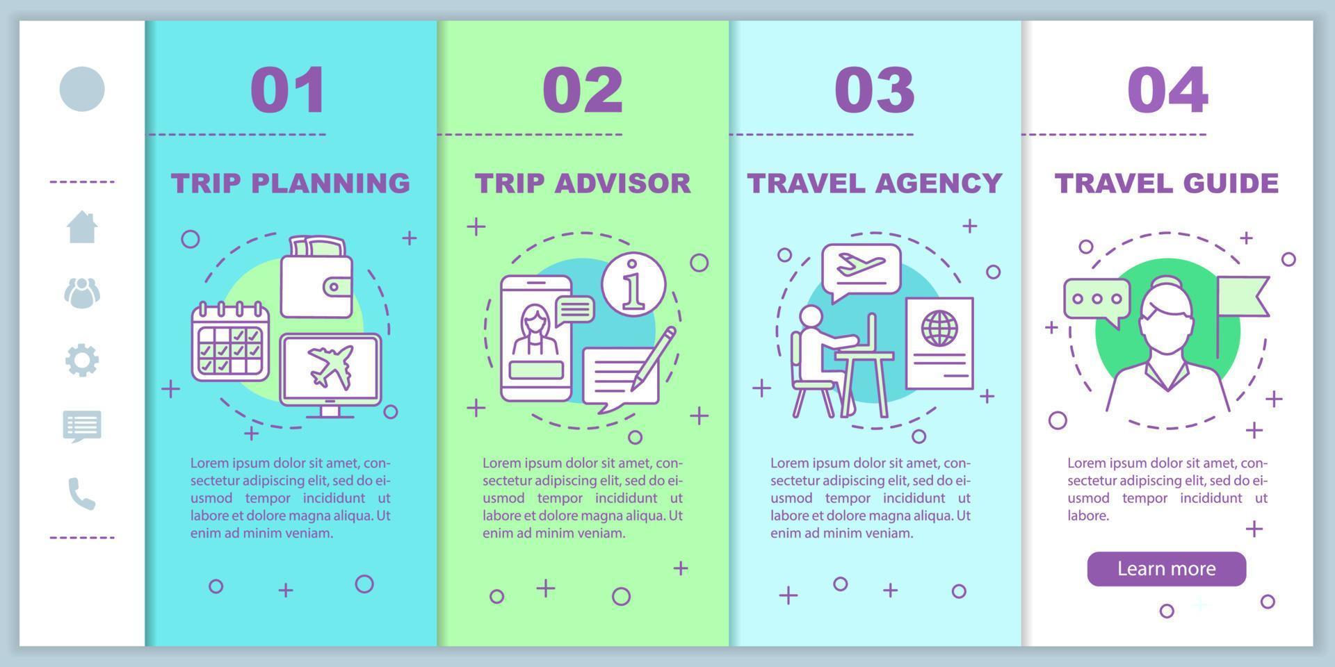 viajar onboarding modelo de vetor de páginas da web móvel. agência de viagens. planejamento de viagens. ideia de interface de site de smartphone responsivo, ilustração linear. telas de passo a passo da página da web. conceito de cor