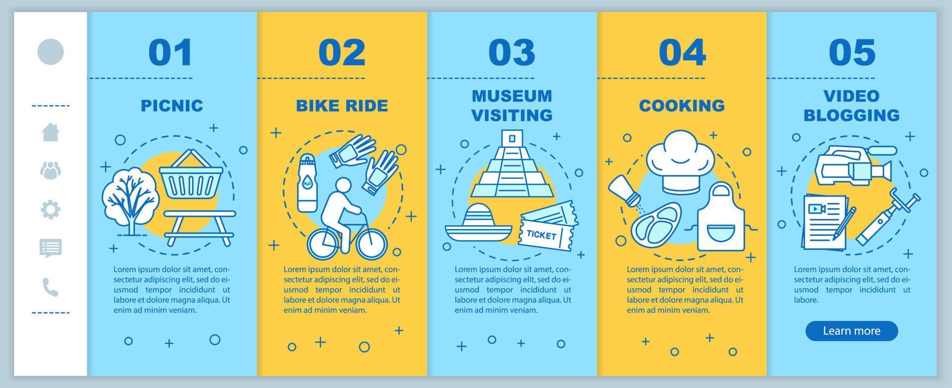 atividades familiares com crianças integrando o modelo de vetor de páginas da web móvel. passeio de bicicleta. ideia de interface de site de smartphone responsivo, ilustrações lineares. telas de passo a passo da página da web. conceito de cor