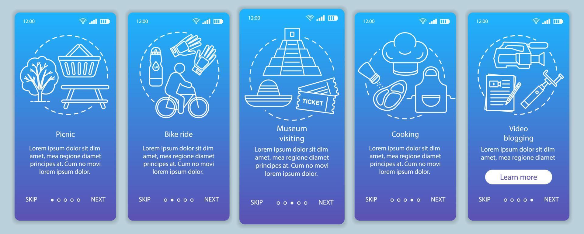 atividades familiares com crianças integrando o modelo de vetor de tela de página de aplicativo móvel. passeio de bicicleta. visita ao museu. passo a passo do site com ilustrações lineares. conceito de interface de smartphone ux, ui, gui