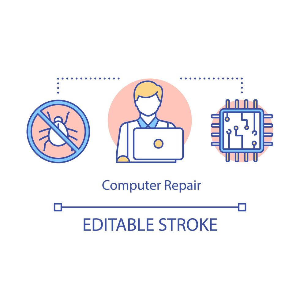 ícone do conceito de reparo do computador. serviço técnico de pc. conserto, configuração do laptop. instalação de software. testador no trabalho. depuração de ilustração de linha fina de ideia. desenho de contorno isolado do vetor. curso editável vetor