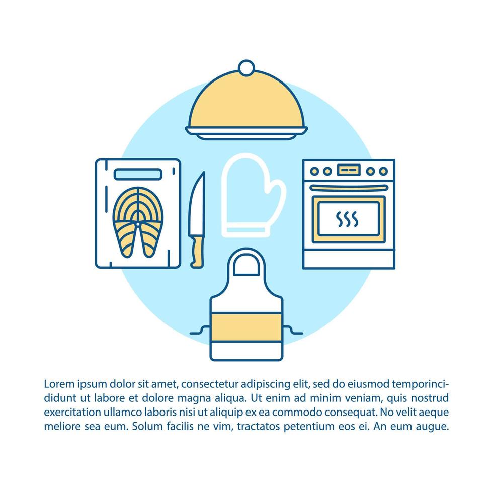 modelo de vetor de página de artigo de serviço de cozinha caseira. preparação da refeição. folheto, revista, elemento de design de livreto com ícones lineares e caixas de texto. design de impressão. ilustrações de conceito com espaço de texto