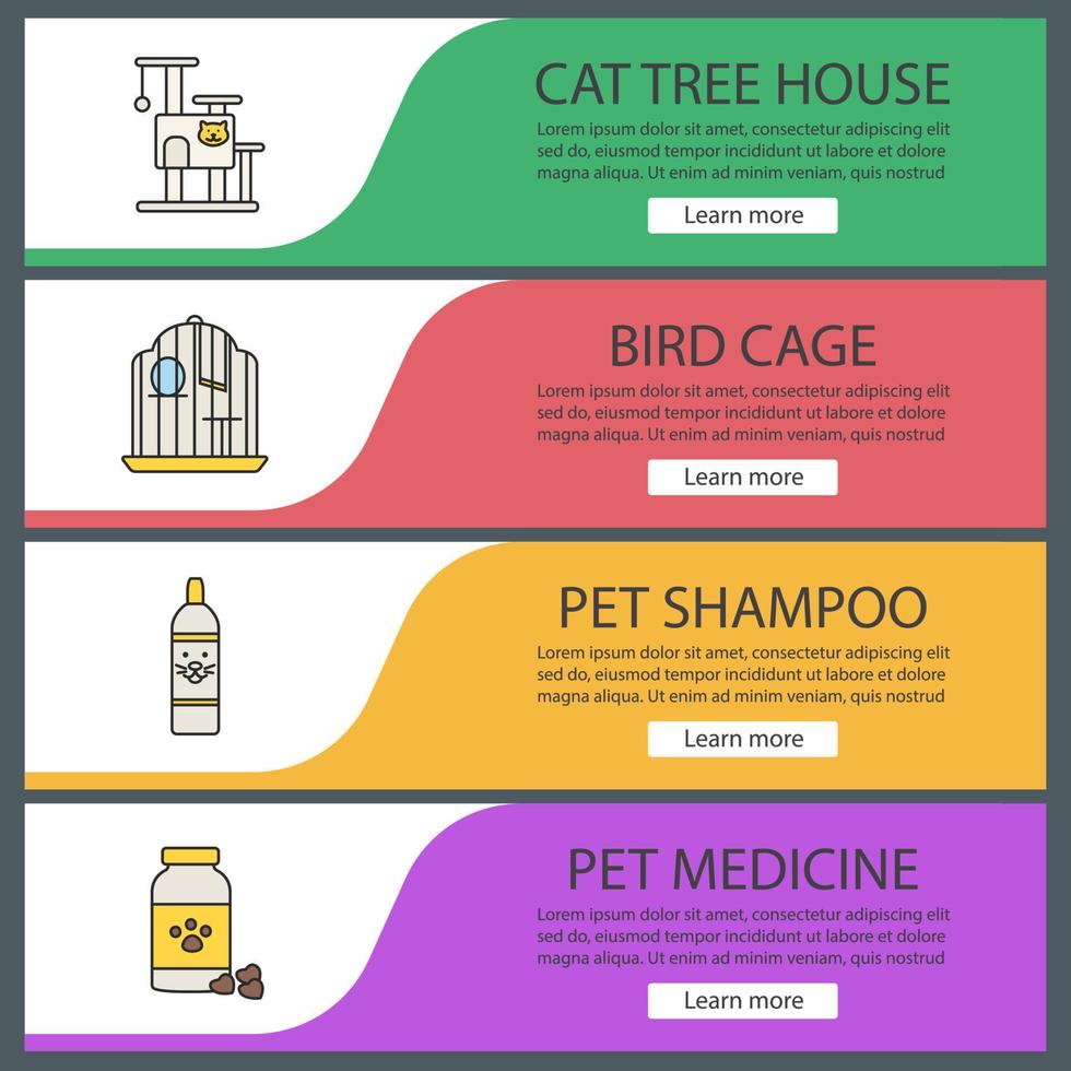 animais de estimação fornece um conjunto de modelos de banner da web. casa na árvore do gato, gaiola de pássaros, frasco de xampu, comprimidos. itens de menu de cores do site. conceitos de design de cabeçalhos de vetor