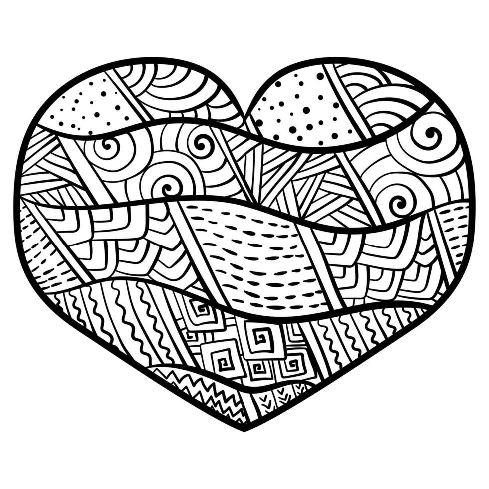 abstrato coração com horizontal listras e fantasia padrões, zen coloração página coração para dia dos namorados dia vetor