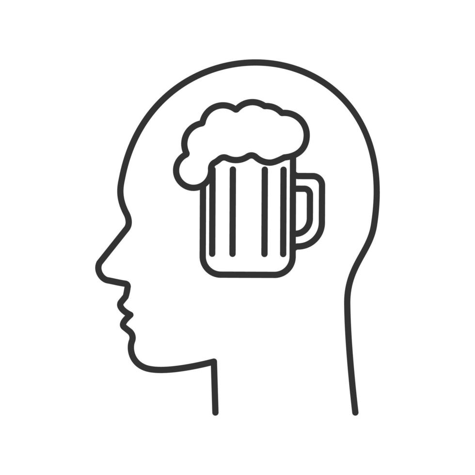 cabeça humana com caneca de cerveja dentro do ícone linear. alcoolismo. ilustração de linha fina. álcool em mente. mau hábito. símbolo de contorno. desenho de contorno isolado de vetor