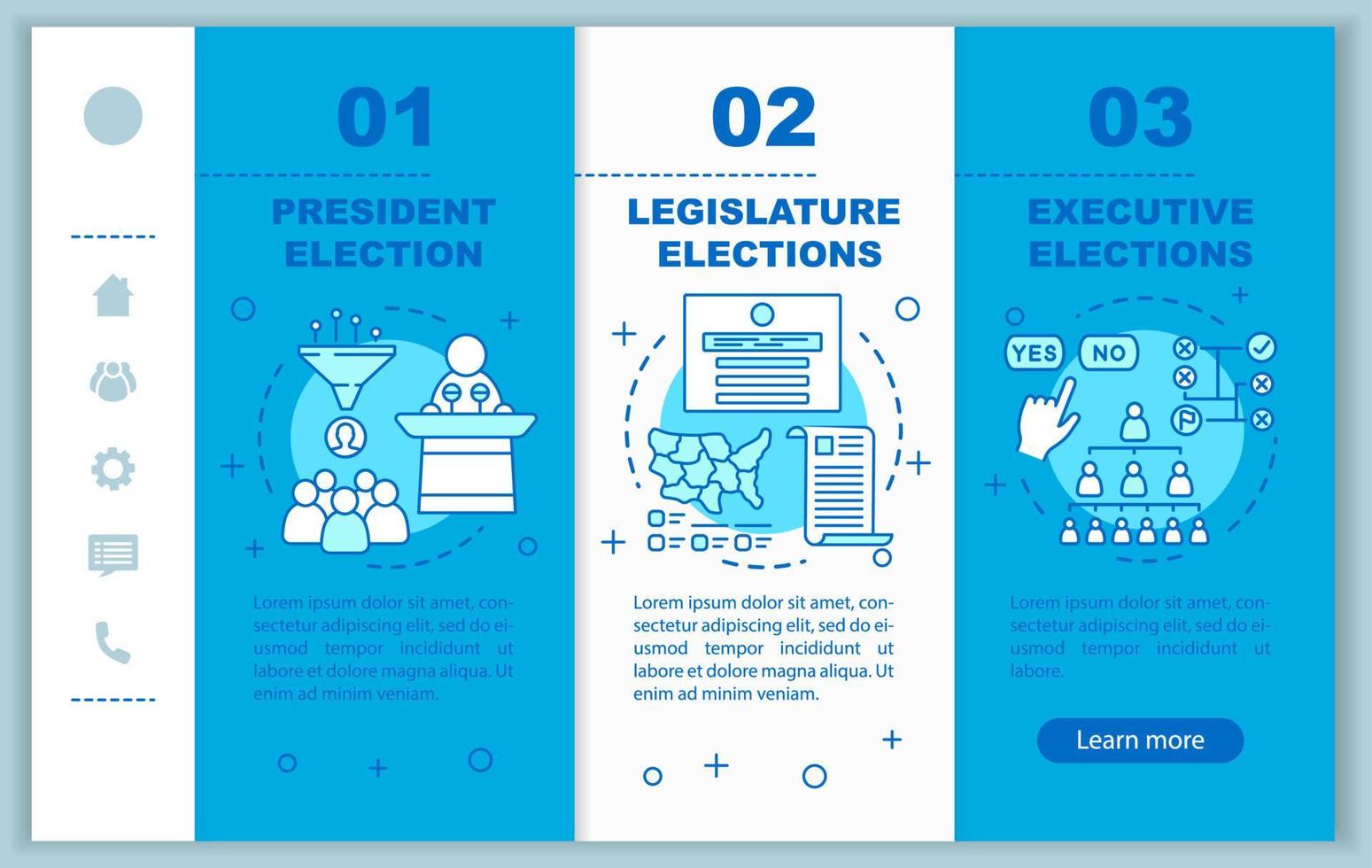 eleição onboarding modelo de vetor de páginas da web móvel. presidente, legislatura. ideia de interface de site de smartphone responsivo com ilustrações lineares. telas de passo a passo da página da web. conceito de cor