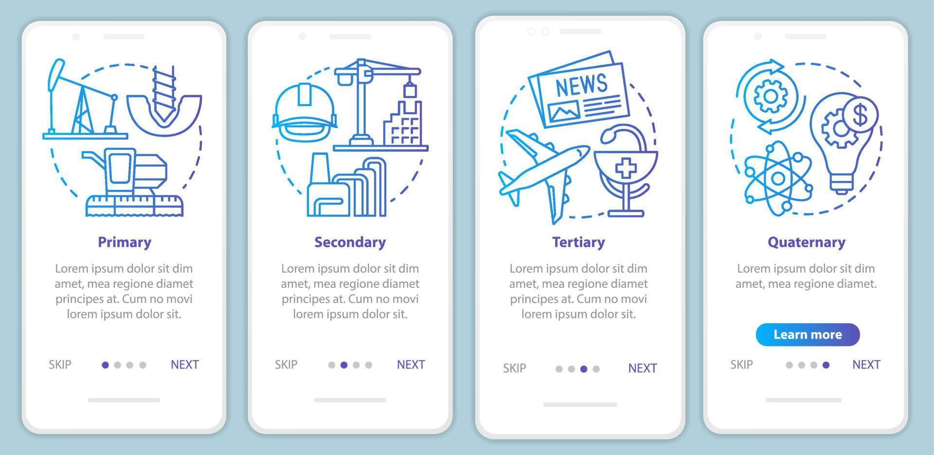 modelo de vetor de tela de página de aplicativo móvel de integração de processo de fabricação azul. primário, secundário, terciário. passo a passo do site com ícones lineares. conceito de interface de smartphone ux, ui, gui