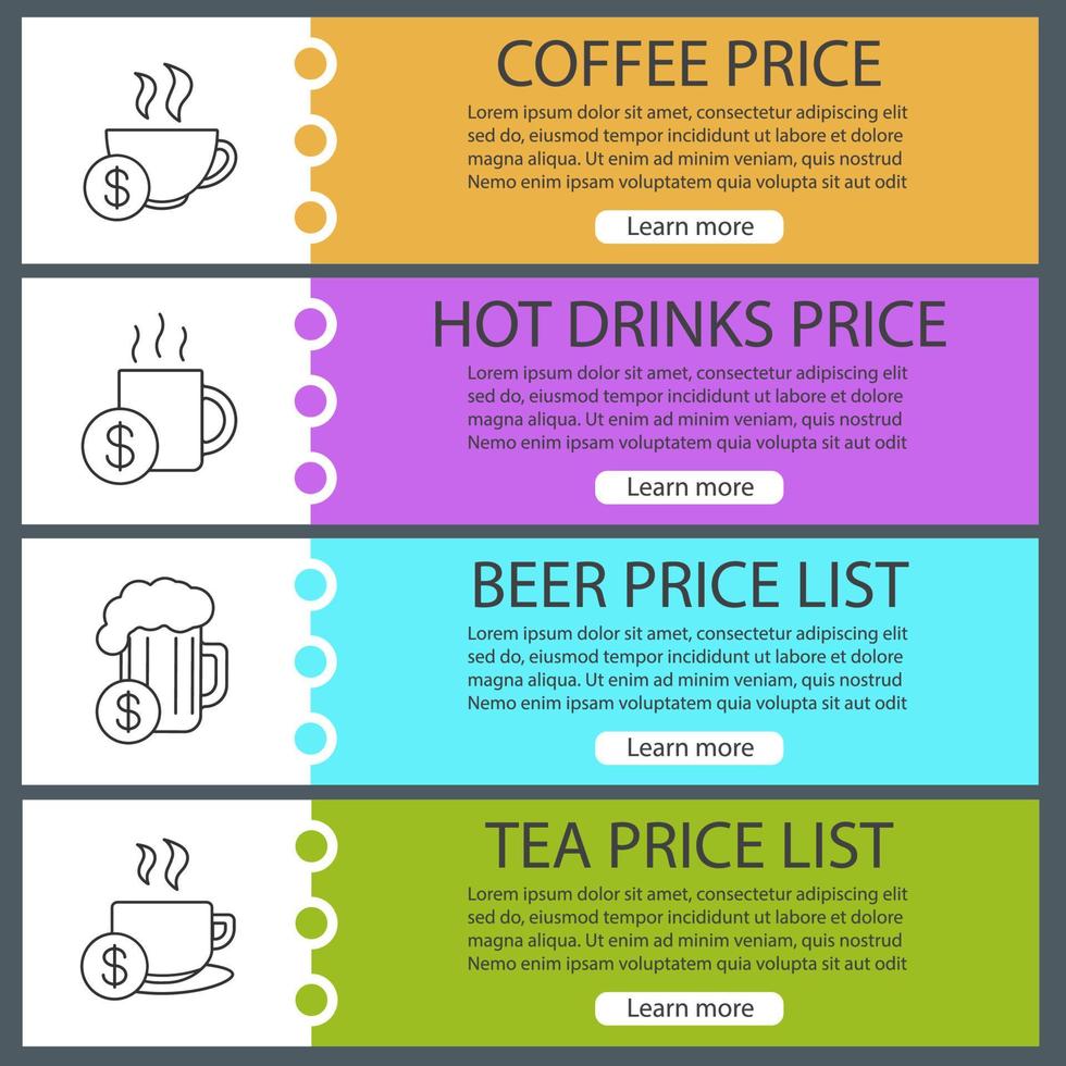 conjunto de modelos de banner da web de listas de preços de bebidas. xícaras de café e chá, caneca de cerveja com cifrões. itens de menu de cores do site com ícones lineares. conceitos de design de cabeçalhos de vetor