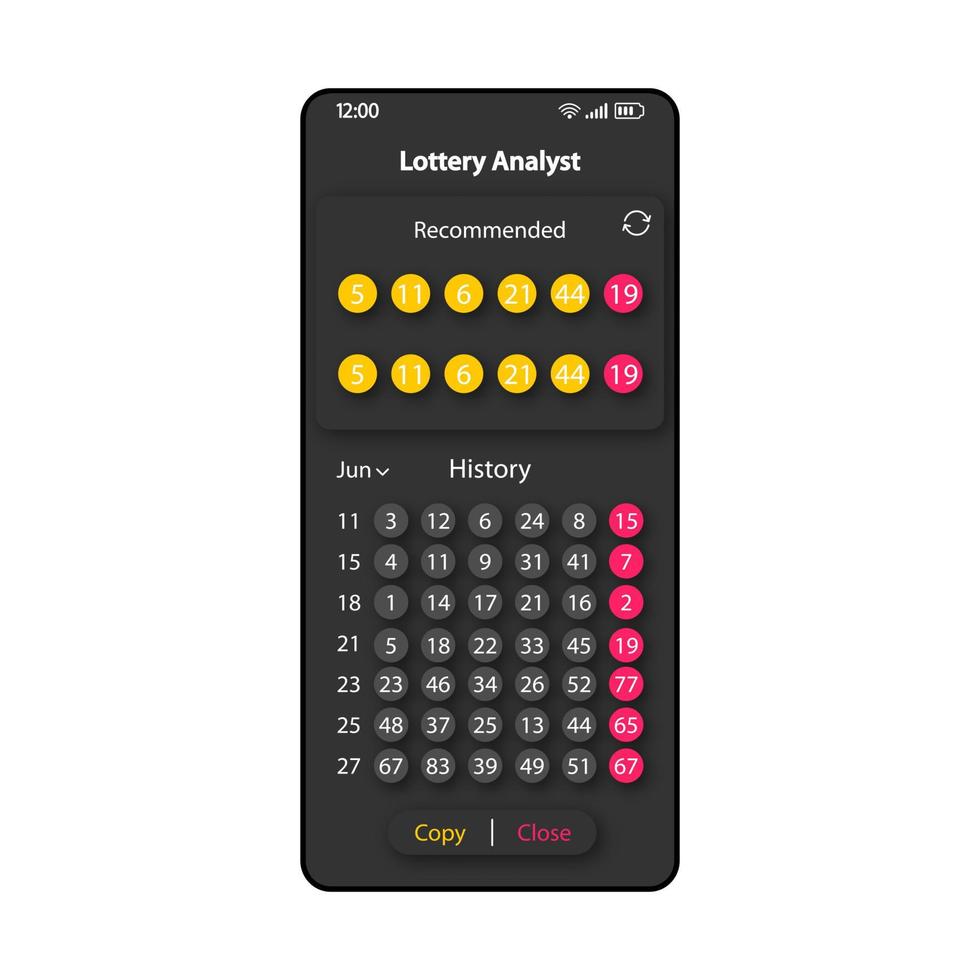 modelo de vetor de interface de smartphone de análise de loteria. layout de design em preto da página do aplicativo móvel. tela de números recomendados. interface do usuário plana para aplicação. visor do telefone do assistente de previsão de vitória