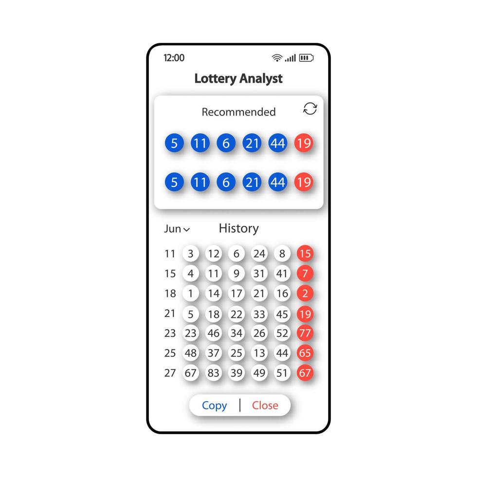 modelo de vetor de interface de smartphone de analista de loteria. layout de design em branco da página do aplicativo móvel. tela de números vencedores recomendada. interface do usuário plana para aplicação. histórico de apostas de loteria display do telefone