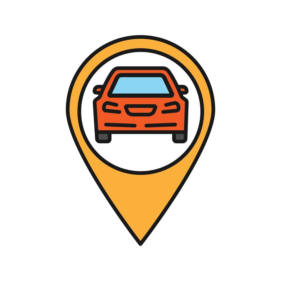 mapear a localização com o carro dentro do ícone de cor. oficina de automóveis, posto de gasolina, localização de zona de estacionamento. ilustração vetorial isolada vetor