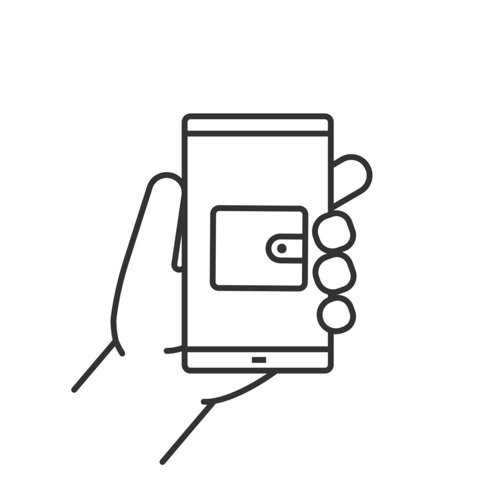 mão segurando o ícone linear do smartphone. ilustração de linha fina. símbolo de contorno do aplicativo de banco de telefone inteligente. desenho de contorno isolado de vetor