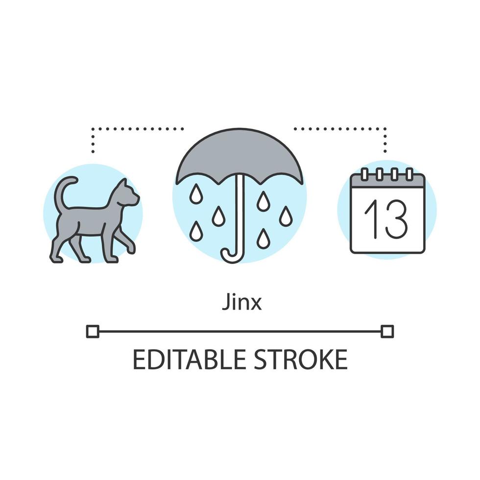 ícone do conceito de azar. ilustração de linha fina de ideia de mágica e superstição. má sorte, presságio de infortúnio. gato preto, sexta-feira 13 e desenho de contorno isolado de vetor de guarda-chuva aberto. curso editável