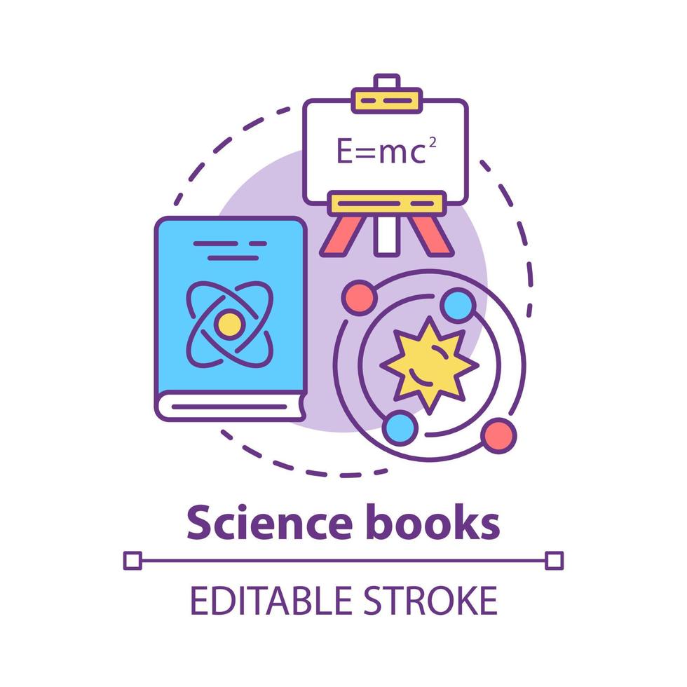 ícone do conceito de livros de ciências. ilustração de linha fina de ideia de literatura científica. pesquisa de artigo acadêmico, tratado. enciclopédia de física e astronomia. desenho de contorno isolado do vetor. curso editável vetor