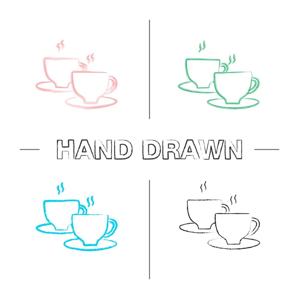 copos com conjunto de ícones de mão desenhada de bebida quente. pincelada de cor. café, chá, cacau. ilustrações esboçadas de vetor isoladas