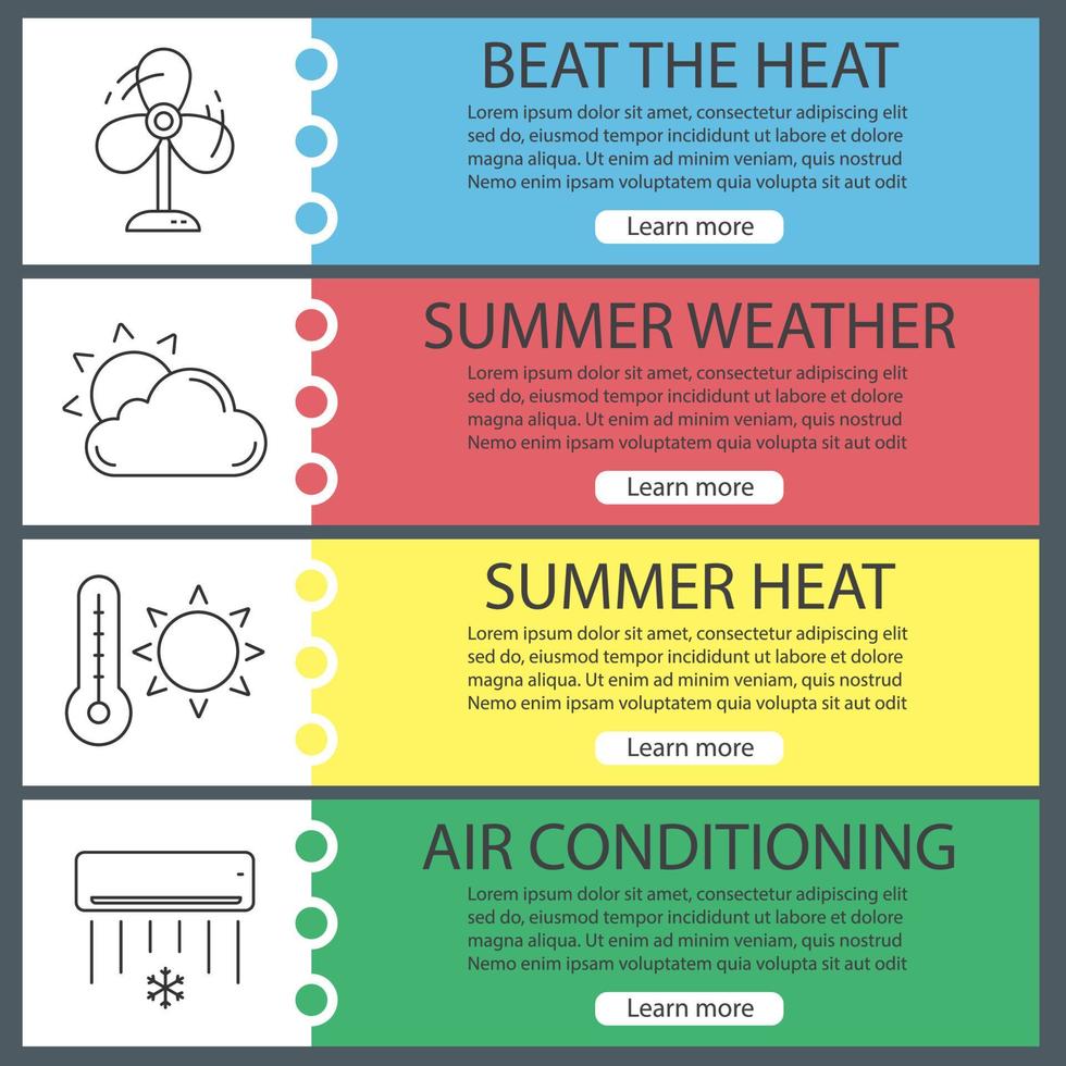 conjunto de modelos de banner da web de verão. ventilador, clima de verão, ar condicionado. itens de menu de cores do site com ícones lineares. conceitos de design de cabeçalhos de vetor