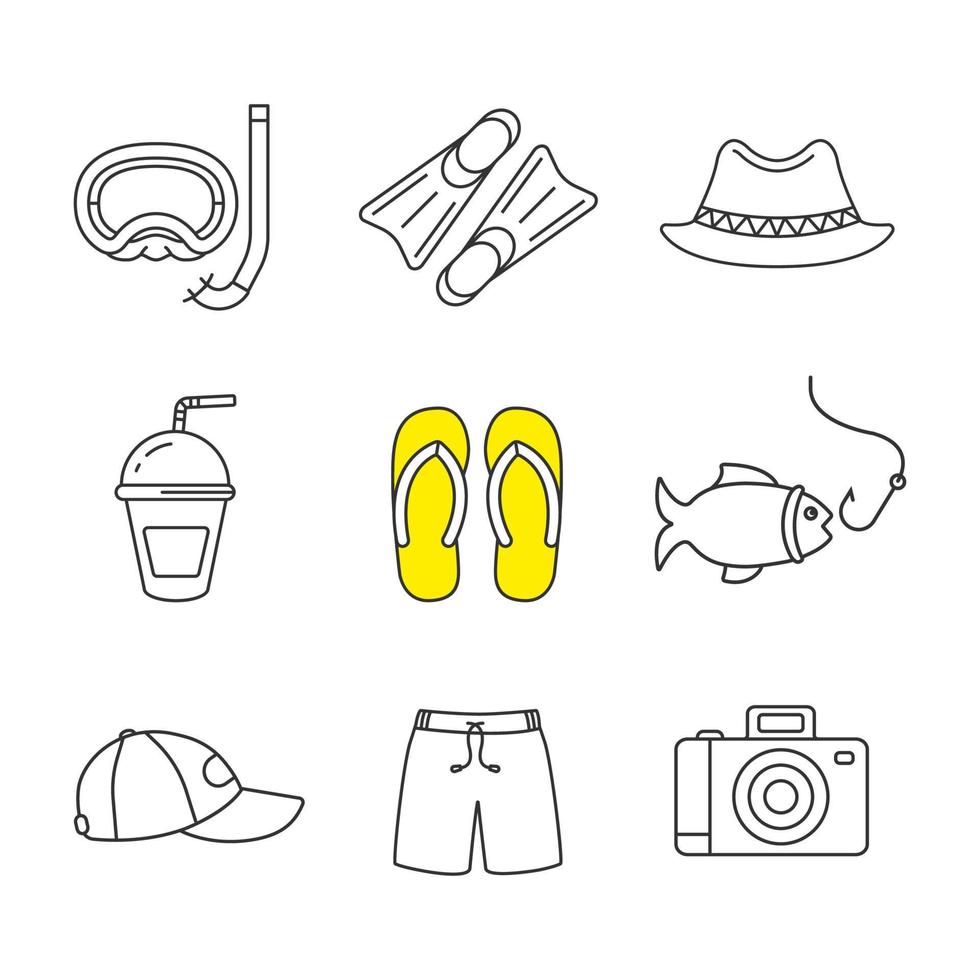 conjunto de ícones lineares das férias de verão. aqualung, nadadeiras, chapéu homburg, bebida refrescante, chinelos, pesca, boné, shorts, câmera fotográfica. símbolos de contorno de linha fina. ilustrações isoladas de contorno vetorial vetor