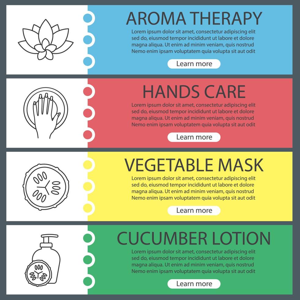 conjunto de modelos de banner da web do salão de beleza do spa. flor de aromaterapia, cuidados para as mãos, loção de pepino e máscara facial. itens de menu de cores do site com ícones lineares. conceitos de design de cabeçalhos de vetor