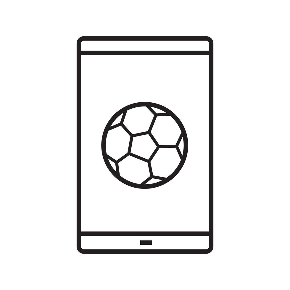 ícone linear do jogo de futebol no smartphone. app de apostas esportivas. ilustração de linha fina. telefone inteligente com símbolo de contorno de bola de futebol. desenho de contorno isolado de vetor