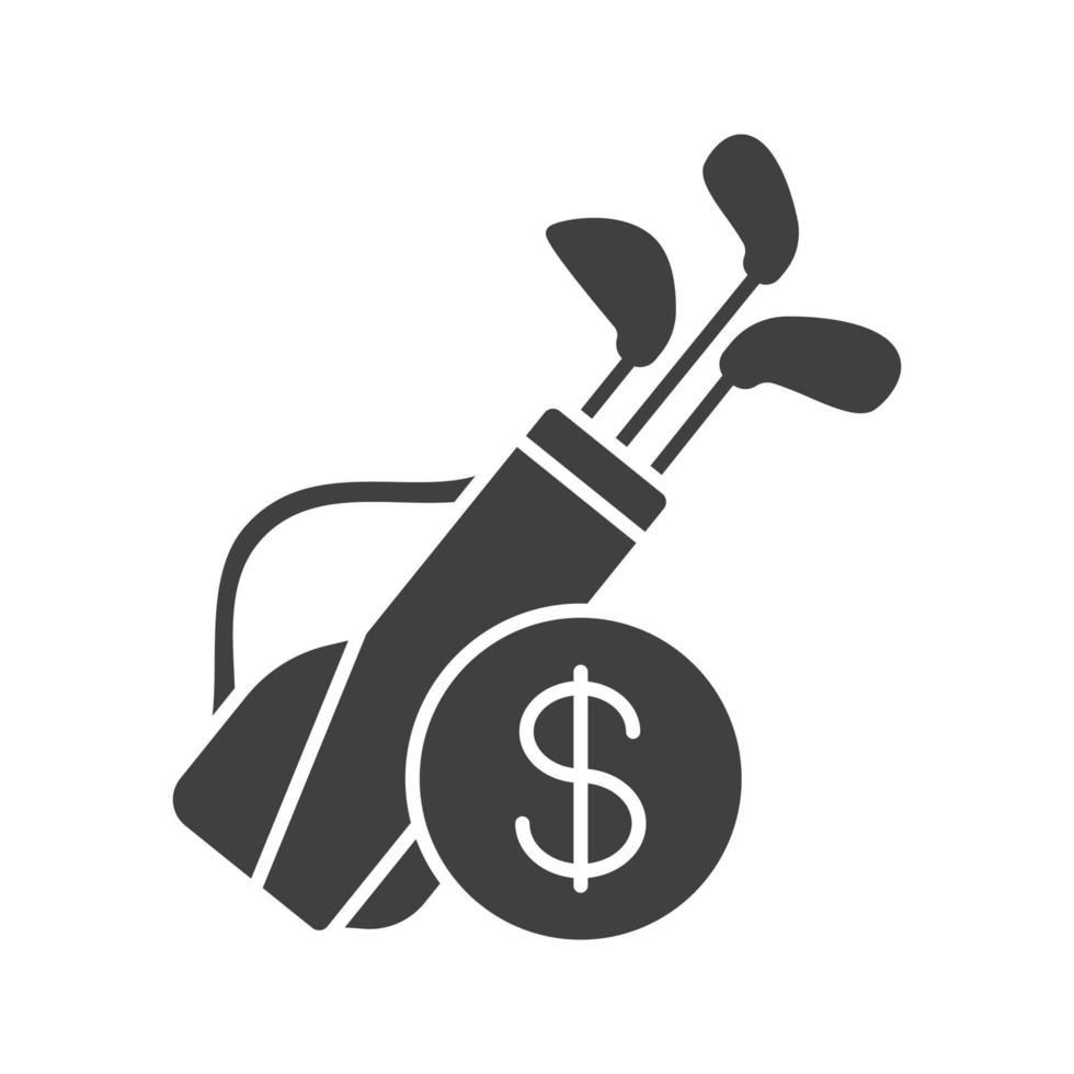 ícone de glifo da loja de equipamentos de golfe. símbolo da silhueta. saco de golfe com tacos e cifrão. espaço negativo. ilustração isolada do vetor