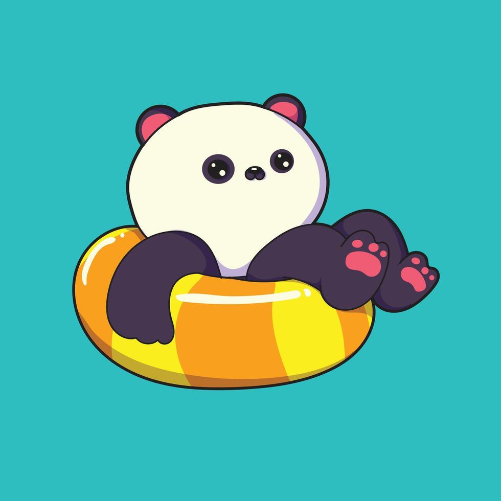 panda é natação. ele Sentou relaxado usando uma flutuador balão vetor