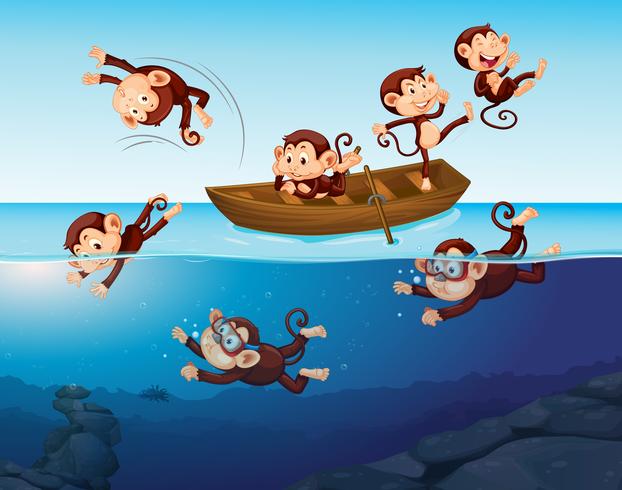 Macaco se divertindo no mar vetor