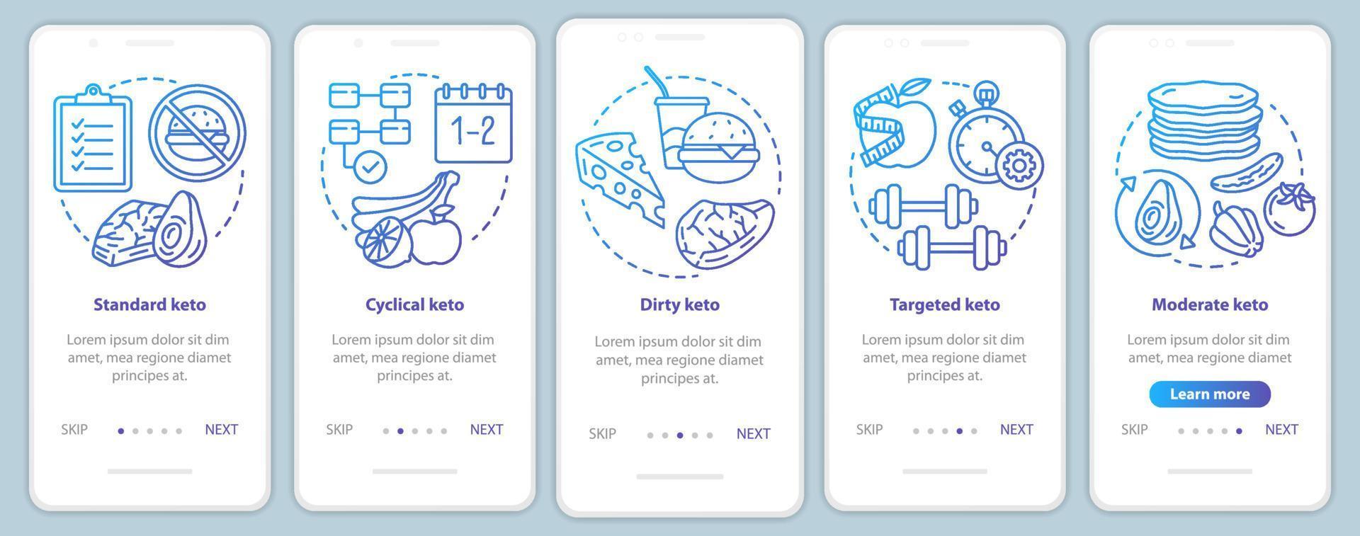 tipos de ceto dietas modelo de tela de página de aplicativo móvel de integração azul. refeição cetogênica, nutrição saudável. alimentos com baixo teor de carboidratos. passo a passo do site com ícones. conceito de interface de smartphone ux, ui, gui vetor