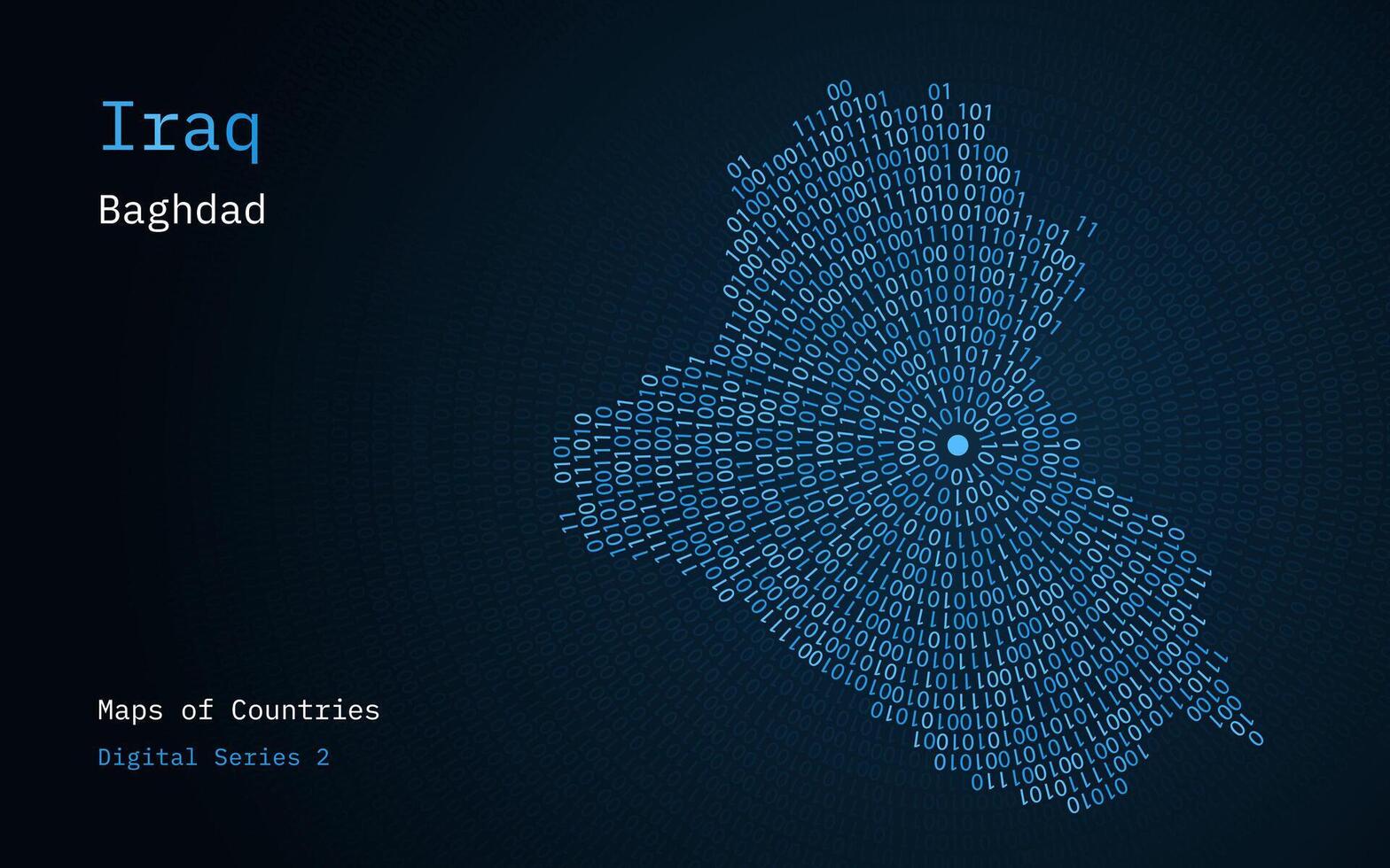 uma mapa do Iraque retratado dentro zeros e uns dentro a Formato do uma círculo. a capital, Bagdá, é mostrando dentro a Centro do a círculo vetor