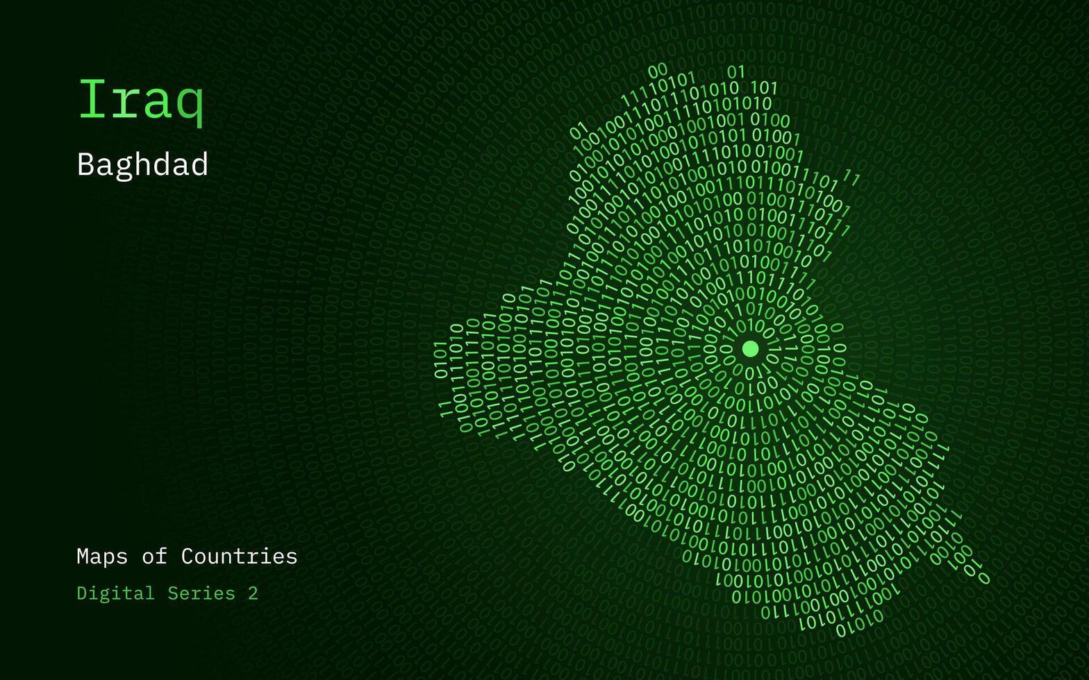 uma mapa do Iraque retratado dentro zeros e uns dentro a Formato do uma círculo. a capital, Bagdá, é mostrando dentro a Centro do a círculo vetor