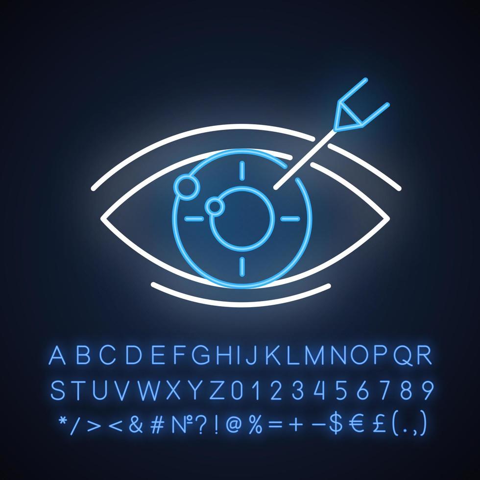 ícone de luz de néon de correção de visão. procedimento médico. cuidados de saúde. oftalmologia. operação a laser. recuperação de distúrbios oculares. sinal brilhante com alfabeto, números e símbolos. ilustração isolada do vetor