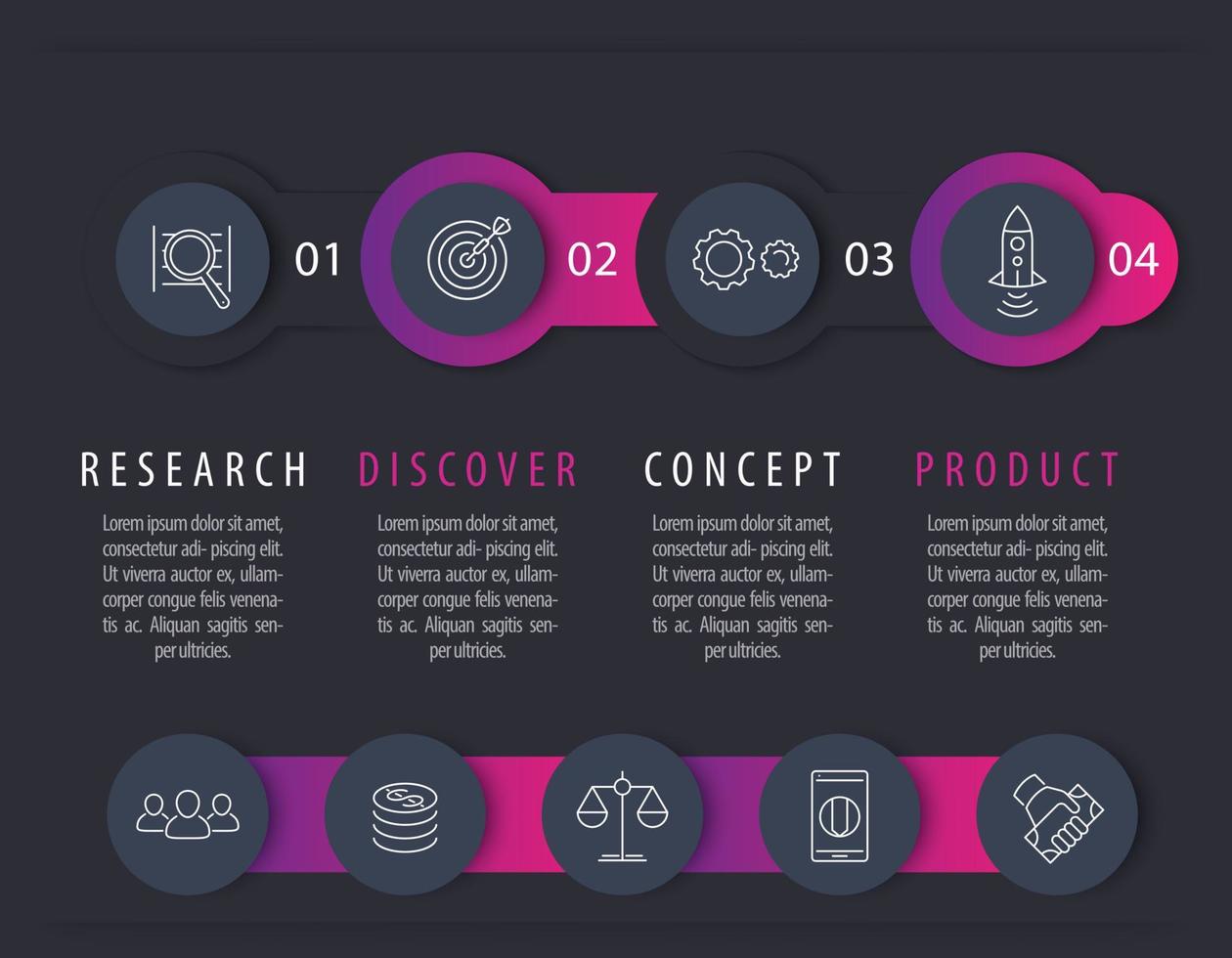 cronograma de desenvolvimento de produto, elementos de infográfico, rótulos de etapas com ícones para relatório de negócios vetor