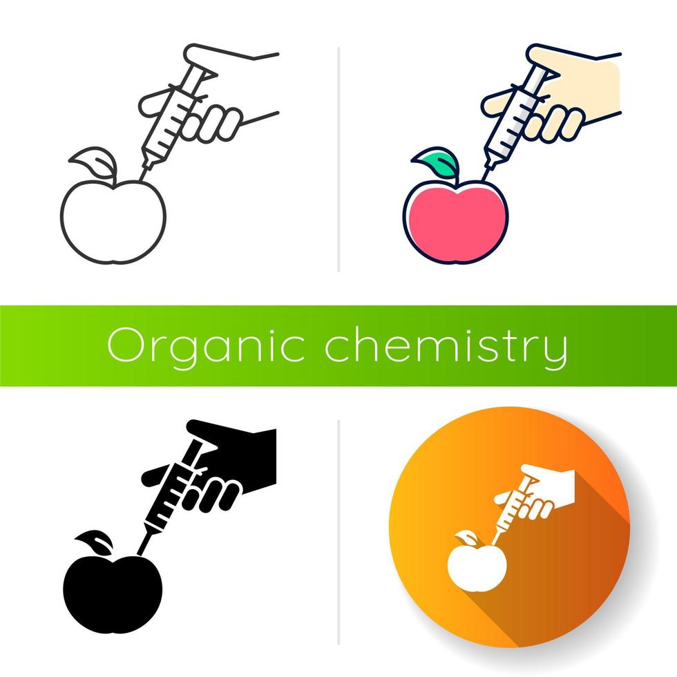 maçã vermelha com ícone de seringa. Comida geneticamente modificada. química orgânica. modificação do DNA. tecnologias agrícolas. design plano, estilos linear, preto e colorido. ilustrações vetoriais isoladas vetor