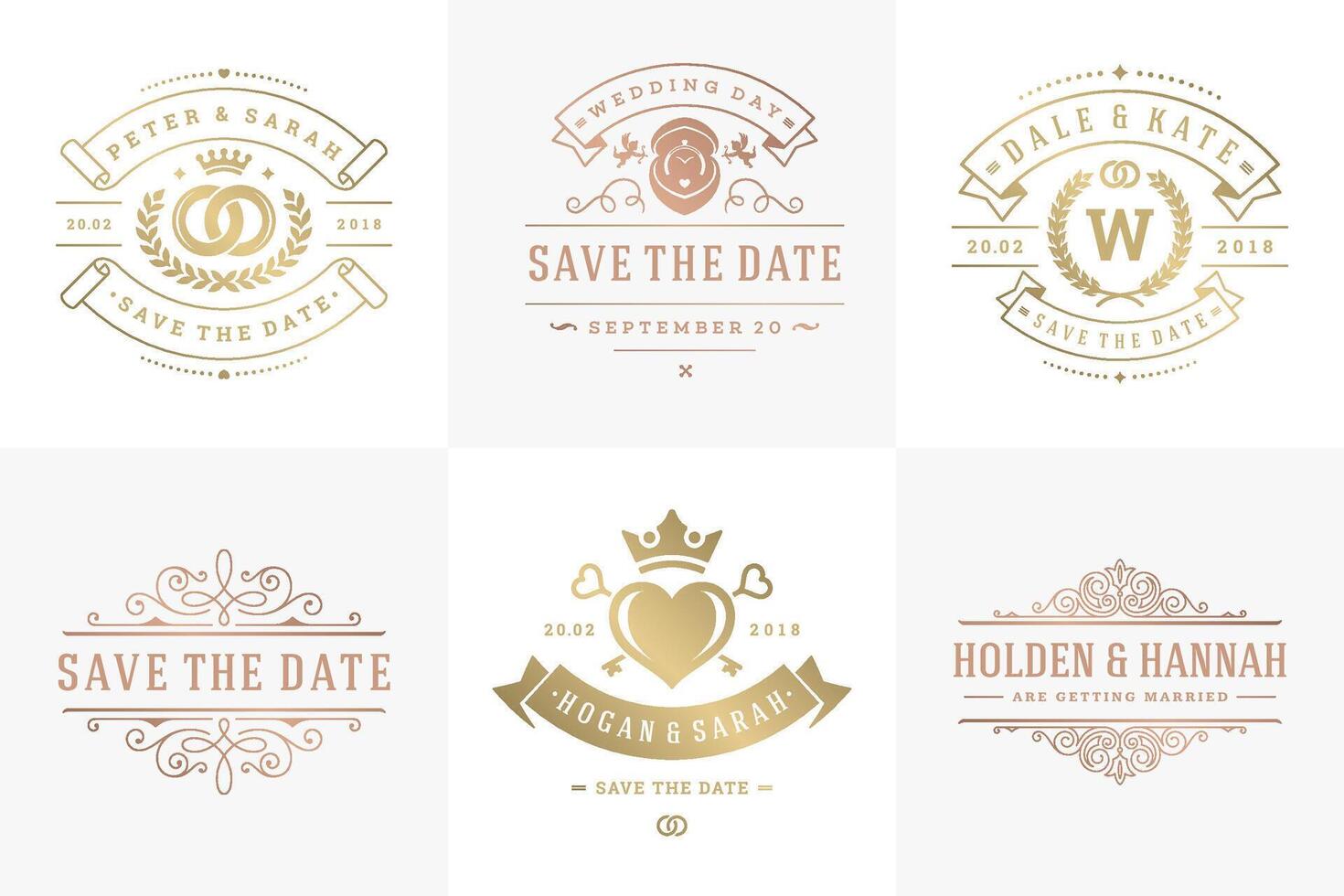 Casamento convites Salve  a encontro logotipos e Distintivos elegante modelos conjunto vetor