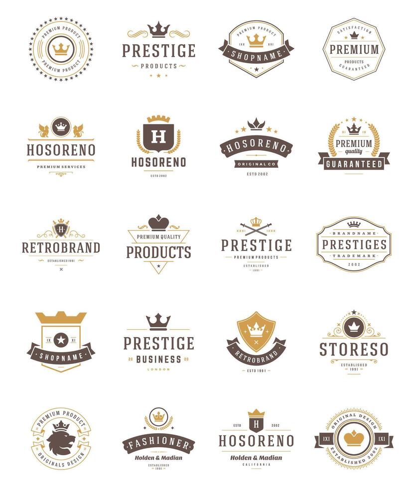 vintage coroas logotipos definir. Projeto elementos, Prêmio qualidade etiquetas vetor