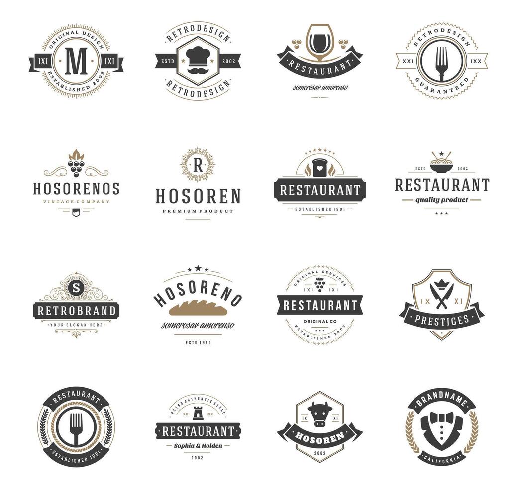 vintage restaurante logotipos Projeto modelos definir. vetor