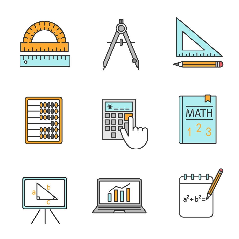 conjunto de ícones de cores de matemática. geometria e álgebra. ferramentas de desenho, livro, ábaco, calculadora. ilustrações vetoriais isoladas vetor